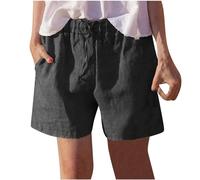 KHIRVWL Leinenhose Damen Kurz Leinen Musselin Shorts Straight Leg Hohe Taille Kurze Hosen Locker Luftig Einfache Einfarbige Baumwollshorts mit Kordelzug und Taschen Leicht Baggy Leinenshorts