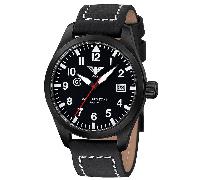 KHS Airleader Black Steel Tactical Watch Edelstahl IP-Schwarz Quarz Analog C1 Leuchtfarbe Grün Lederband Büffelleder