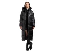 khujo Damen extralanger Wintermantel warmer schimmernder Steppmantel mit seitlichen Gehschlitzen, innenliegende Rucksack-Träger und Ärmeltasche Tonia Black Gr. M