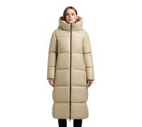 khujo Damen langer Wintermantel warmer wasserabweisender Steppmantel in Lederoptik mit 2-Wege-Reißverschluss und Kapuze Destiny Beige Gr. M