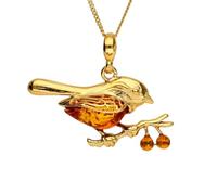 Kiara Jewellery 925 Sterling Silver Gold Plated Red Robin Pendant Necklace On a Branch Inset With Brown Baltic Amber on 18" Sterling Silver Chain