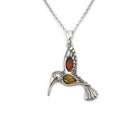 Kiara Jewellery Halskette mit Kolibri-Anhänger aus 925er Sterlingsilber, mit braunem und gelbem baltischem Bernstein an 45,7 cm langer Sterlingsilber-Kette., Sterling Silber, Bernstein