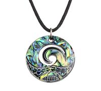 Kiara Jewellery Halsketten-Anhänger mit Maori Koru oder Wellenberg-Design, mit blau-grüner Paua Abalonen-Muschel an 45,7 cm schwarzer Kordel, auf schwarzer Kunststoff-Scheibe