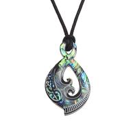 Kiara Jewellery Maori Twist oder Pikorua Anhänger Halskette mit blaugrüner Paua-Abalone-Muschel an 45,7 cm schwarzer Kordel auf schwarzer Kunststoffrückenscheibe., Kunststoffscheibe mit natürlicher