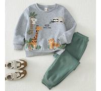 KIDS Junge Loose Lässig Minimalist Bequemer Rundhals Pullover Tierprint Jogginghose 2er Set Mode Klassisch Hübsch Cool Niedlich Cartoon Tierwelt, Tige