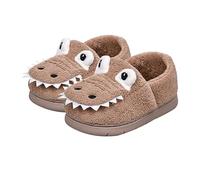 Kids Winter Ankle Slippers Cartoon Dinosaur Cute Fuzzy Thick Slippers Baby Boys Girls Padded Sole Slip-On Flat Shoes Indoor Family Lightweight Casual Shoes (Khaki, 22 Infant)