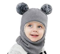 Kids Winter Hat Scarf Set, Soft Knitted Beanie Hat Scarf Earflap,Thick Fleece Lined Warm Hood Caps with Pompoms for Girls Boys