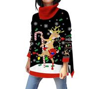 kids4ever Damen Weihnachtspullover Langarm Seitlichem Schlitz Rollkragen Strickpullover Lustiges Lichterkette Elch Lockerer Weihnachtspulli Rot XL