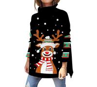kids4ever Damen Weihnachtspullover Rollkragenpullover Hässliche Elch Aufdruck Weihnachtspulli Langarm Seitlichem Schlitz Christmas Sweater Pulli Winterpullover Schwarzer L