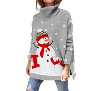 kids4ever Damen Weihnachtspullover Rollkragenpullover Schneemann Bedruckter Weihnachten Pullover Langarm Seitenschlitz Festlich Gerippter Strickpullover Weihnachtspulli Christmas Sweater Hellgrau L
