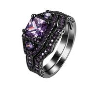 Kielsjajd 2 STÜCK Quadratisch Schwarz Lila Zirkonia Braut Strass Verlobungsring Schwarz Voller Zirkonia Solitär Ring 5 12 Filigrane Ringe Für Damen Set (Black, 10)
