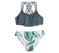 Kielsjajd Bikini Mädchen 140 Rüschen Größe Bikini Bikinihose Bedruckte Push Up mit Shorts Tankini Zweiteilige Set mit Triangel Badeanzug Bikinioberteil Badeanzüge für Mädchen 8-14 Jahre