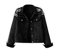 Kielsjajd Damen Jeansjacke mit Perlen Übergangsjacke Leichte Jacke Denim Casual Mädchen Jeans Mantel Übergroß Outwear Kurz Coat Damen Lose Jeansjacke Girljean Jacken Perle Casual Cowboy (Black-b, S)