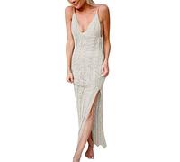 Kielsjajd Pareo Schwarz Damen Neuer Sommer einfarbiger sexy rückenfreier Strandrock gestrickter ausgeschnittener Bikini-Mantel Kleider Damen Sommer Mit Spitze (White, L)