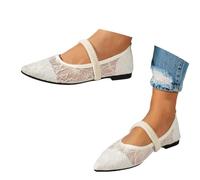 Kielsjajd Spitze Ballerinas Damen Weiss Trachtenschuhe Flach Oktoberfest Schuhe Elegant Ballerina Schuhe mit Riemchen Mesh Atmungsaktive Sommerschuhe Leichte Hochzeitsschuhe Sommer Freizeitschuhe