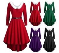 Kielsjajd Weihnachtskleid Damen Elegant Abendkleid Langarm Kleid Ballkleider Abendkleider Santa Weihnachtskostüm V-Ausschnitt Cocktailkleid Weihnachtsfrau Midikleid Festliches Weihnachtsoutfit