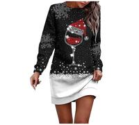 Kielsjajd Weihnachtskleid Damen Party Kleid Weihnachten Kleider Lustig Rotweinglas Druck Weihnachtspullover Frauen Festliche Party Kleid Silvester Kleider Knielang Pulloverkleid Weihnachtsoutfit