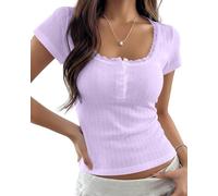 KIGRAD Damen-Baby-T-Shirt, Y2K, Spitzenbesatz, U-Ausschnitt, kurze Ärmel, Henley-Baby-T-Shirt, Knopfleiste vorne, adrette, taillierte Pointelle, bauchfreies Oberteil, Violett, Mittel