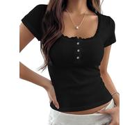 KIGRAD Damen-Baby-T-Shirt, Y2K, Spitzenbesatz, U-Ausschnitt, kurze Ärmel, Henley-Baby-T-Shirt, Knopfleiste vorne, adrette, taillierte Pointelle, bauchfreies Oberteil, Schwarz, Mittel