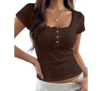 KIGRAD Damen-Baby-T-Shirt, Y2K, Spitzenbesatz, U-Ausschnitt, kurze Ärmel, Henley-Baby-T-Shirt, Knopfleiste vorne, adrette, taillierte Pointelle, bauchfreies Oberteil, Braun, Klein