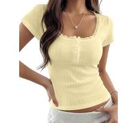 KIGRAD Damen-Baby-T-Shirt, Y2K, Spitzenbesatz, U-Ausschnitt, Kurze Ärmel, Henley-Baby-T-Shirt, Knopfleiste vorne, adrette, taillierte Pointelle, Bauchfreies Oberteil, gelb, Mittel