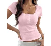 KIGRAD Damen-Baby-T-Shirt, Y2K, Spitzenbesatz, U-Ausschnitt, Kurze Ärmel, Henley-Baby-T-Shirt, Knopfleiste vorne, adrette, taillierte Pointelle, Bauchfreies Oberteil, Pink, Mittel
