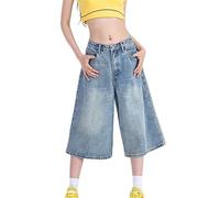 KIHFSODN Damen Mid-Low Waist Jorts Outfits Trendy Denim Shorts Baggy Jeans Knielang Loose Fit Lange Shorts(Blue,XS)