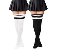 Kiiwah 2 Paar Damen Klassisch und Stilvoll Overknees Strümpfe Weich Thigh High Socks Overknee Socken Lange Gestreifte Socken Damen für den Alltag Sport Cosplay, Schwarz,Weiß, Einheitsgröße