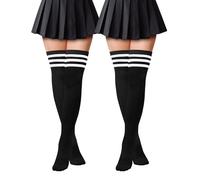 Kiiwah 2 Paar Damen Klassisch und Stilvoll Overknees Strümpfe Weich Thigh High Socks Overknee Socken Lange Gestreifte Socken Damen für den Alltag Sport Cosplay, Schwarz, Einheitsgröße