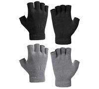 Kiiwah 2 Paar Halbfinger Handschuhe, Winter Fingerlose Handschuhe Strickhandschuhe für Herren Damen (Schwarz, Grau)