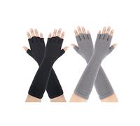 Kiiwah 2 Paar Lange Fingerlose Handschuhe Unisex Lange Stricken Armstulpen Halbfinger Handschuhe für Männer Frauen Winter Herbst (Schwarz Grau)