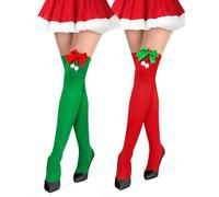 Kiiwah 2 Paar Overknees Strümpfe Damen Weihnachten, Xmas Kniestrümpfe Elfen Socken Lange Weihnachtsstrümpfe für Weihnachten Party Cosplay (Schleife)