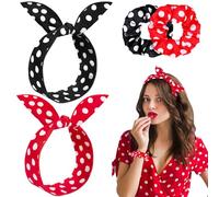 Kiiwah 4 Stück Haarschmuck Accessoire mit Polka Punkt fur Damen Mädchen, Satin Scrunchies Haargummi Invisibobble, Stirnbänder mit Einstellbar Draht, Vintage Haarband in Klassischer Rot und Schwarz