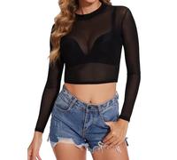 Kiiwah Damen Mesh Oberteile Netz Oberteil Sexy Langarmshirt Durchsichtige T-Shirt Sheer Crop Mesh Top Transparentes Bluse Tunika Casual Clubwear Party Tops