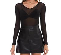 Kiiwah Mesh Oberteil Damen Sexy Transparentes Oberteil Schwarz Netz Oberteil Langarmshirt Durchsichtige T-Shirt Bluse Clubwear Sheer Mesh Top Party Tunika Tüll Netzoberteil