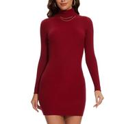Kiiwah Strickkleid Damen Basic Rollkragen Langarm Pulloverkleid Geripptes Bodycon Kleid Stretch Strickpullover Minikleid Sexy Elegant für Herbst Winter Party Clubs (Rot)