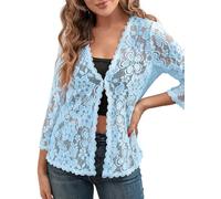 KIJSKKOPO Bolero Strickjacke Aus Spitze für Damen, Offener Cardigan mit 3/4 Ärmeln, Leicht Transparent, Florales Cropped Design, Überwurf für Kleider, Hochzeiten, Oberbekleidung, Hellblau,