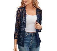 KIJSKKOPO Bolero Strickjacke Aus Spitze für Damen, Offener Cardigan mit 3/4 Ärmeln, Leicht Transparent, Florales Cropped Design, Überwurf für Kleider, Hochzeiten, Oberbekleidung, Marineblau