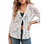 KIJSKKOPO Bolero Strickjacke Aus Spitze für Damen, Offener Cardigan mit 3/4 Ärmeln, Leicht Transparent, Florales Cropped Muster, Überwurf für Kleider, Hochzeiten, Oberbekleidung, Weiß, Größe L