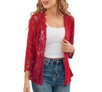KIJSKKOPO Bolero Strickjacke Aus Spitze für Damen, Offener Cardigan mit 3/4 Ärmeln, Leicht Transparent, Florales Cropped Design, Überwurf für Kleider, Hochzeiten, Oberbekleidung, Rot, XXL