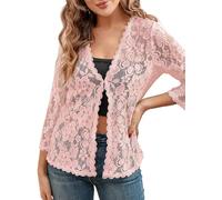 KIJSKKOPO Bolero Strickjacke Aus Spitze für Damen, Offener Cardigan mit 3/4 Ärmeln, Leicht Transparent, Florales Cropped Design, Überwurf für Kleider, Hochzeiten, Oberbekleidung, Rosa, Größe S