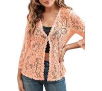 KIJSKKOPO Bolero Strickjacke Aus Spitze für Damen, Offener Cardigan mit 3/4 Ärmeln, Leicht Transparent, Florales Cropped Design, Überwurf für Kleider, Hochzeiten, Oberbekleidung, Orange Rot