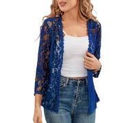 KIJSKKOPO Bolero Strickjacke Aus Spitze für Damen, Offener Cardigan mit 3/4 Ärmeln, Leicht Transparent, Florales Cropped Design, Überwurf für Kleider, Hochzeiten, Oberbekleidung, Blau, Größe S