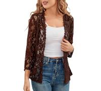 KIJSKKOPO Bolero Strickjacke Aus Spitze für Damen, Offener Cardigan mit 3/4 Ärmeln, Leicht Transparent, Florales Cropped Design, Überwurf für Kleider, Hochzeiten, Oberbekleidung, Kaffeebrau