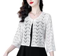 KIJSKKOPO Damen Cardigan Aus Transparenter, Gewellter Spitze Mit 3/4 Ärmeln, Offener Vorderseite, Gewelltem Saum Und Lochmuster, Kurzer Bolero Schal, Leichtes, Elegantes Und Figurbetontes Sommer Co