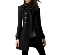 KIJSKKOPO Damen Doppelreiher Wollmantel, Schwarz, mit Reversschnalle, Tunika Jacke Aus Wollmischgewebe, Lange Ärmel, Laschen, Eleganter Cabanmantel für Herbst Und Winter, Business Kleidung, Größ