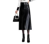 KIJSKKOPO Damen Midi Lederröcke Mit Schlitz Vorne, Rot, Hohe Taille, Seitliche Taschen Mit Reißverschluss Und Knopf, A Linien Bleistiftrock, Sexy, Figurbetont, für Den Alltag, Partys, Büro, Eleg