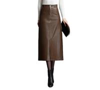 KIJSKKOPO Damen Midi Lederröcke Mit Schlitz Vorne, Rot, Hohe Taille, Seitliche Taschen Mit Reißverschluss Und Knopf, A Linien Bleistiftrock, Sexy, Figurbetont, für Den Alltag, Partys, Büro, Eleg