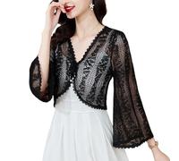 KIJSKKOPO Damen Sommer Cardigan Aus Transparenter Spitze, Glockenärmel, V Ausschnitt, Bindeband Vorne, Kurzer, Schmaler Bolero Schnürstrick, Elegantes Spitzen Cover Up für Kleider, Abendpartys, S