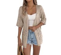 KIJSKKOPO Damen Sommer Strickcardigan mit Kontrastfarbenem Lochmuster,3/4 Ärmeln,Offener Vorderseite Und Blattmuster. Lässiges,Leichtes Strickoberteil für Strand,Freizeit Und Alltag. Farbe: